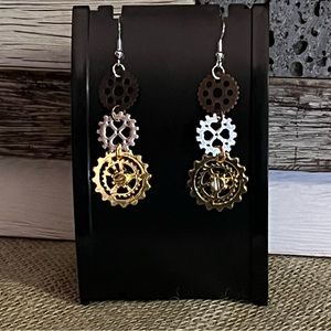 Steampunk Gear Dangle Earrings With .925 Sterling Silver Hooks New Jewelry